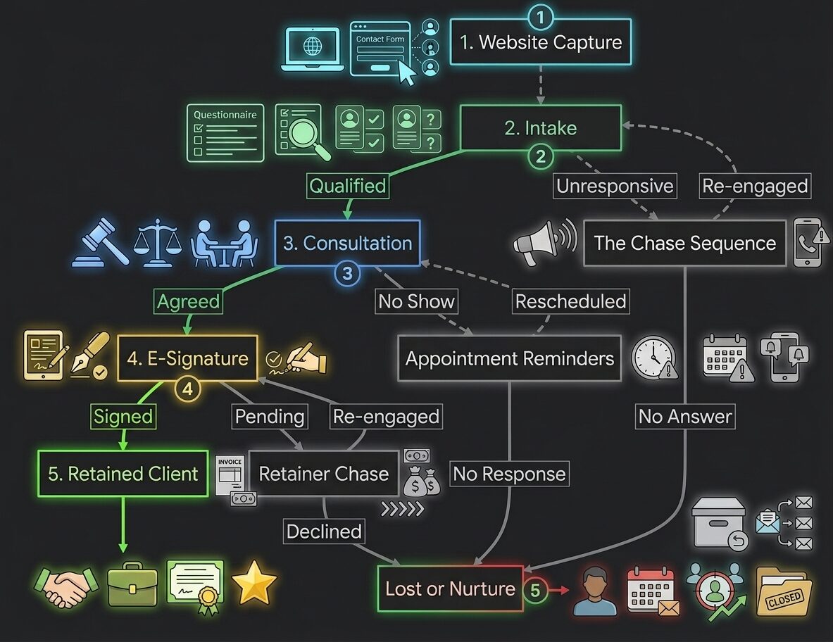 Legal intake pipeline: website capture, intake, consultation, e-signature, retained client, with chase and reminder sequences